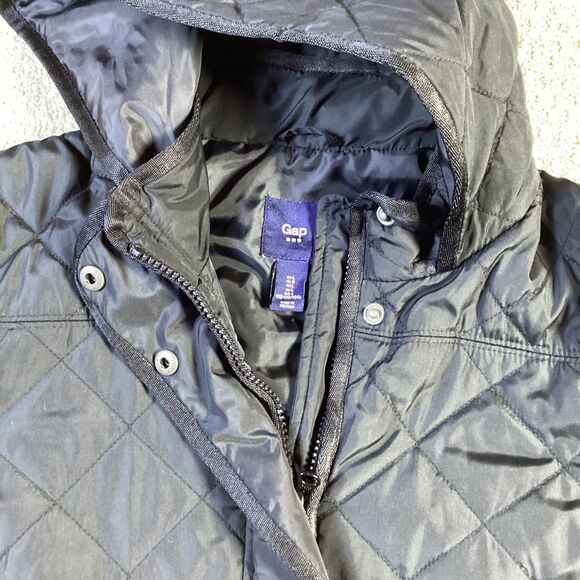 GAP Quilted Barn Jacket Black Hooded Snap Button Pockets Women's - Picture 3 of 5